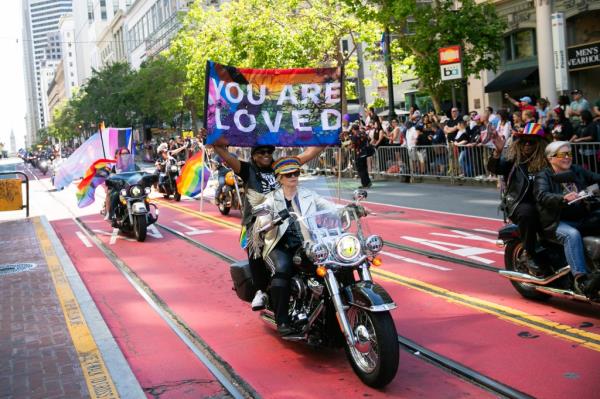 Bikers riding a Harley Davidson in the annual Pride Parade in San Francisco