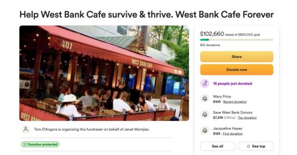 gofundme screenshot of help west bank cafe survive and thrive, west bank cafe forever