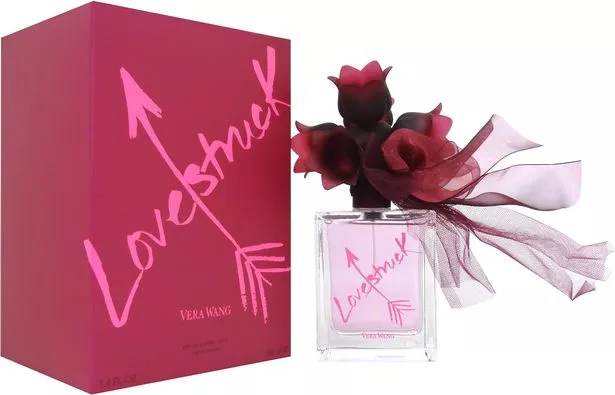 Bottle of Vera Wang Lovestruck perfume next to its box